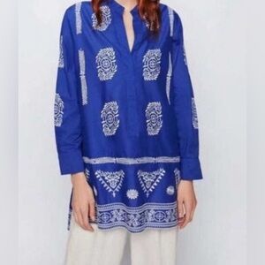 Zara Blue Tunic with White Folk Print